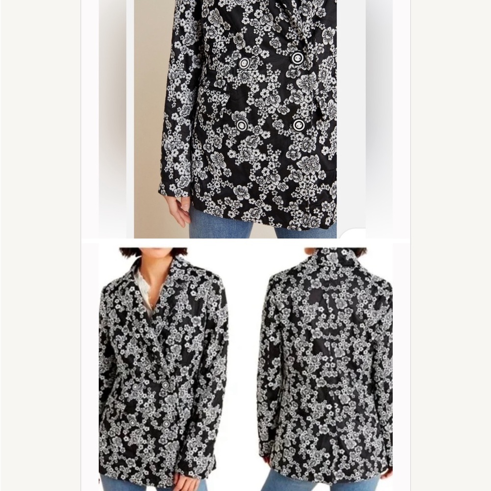 Anthropologie‎ Eva Franco Aylie Black White Floral Embroidered Blazer